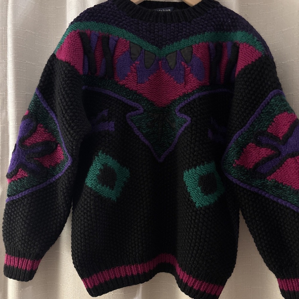 Vtg Nordstrom 100% Wool Hand Knit Sweater Womens L Chunky New Wave Ski 80s SW - Picture 2 of 11